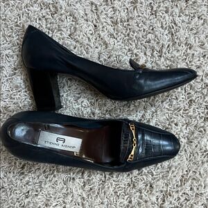 Etienne Aigner Navy Leather Heels with Gold Accent